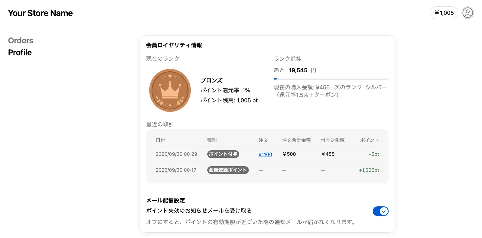 新しいお客様アカウントのプロフィールページ。Pointiaの「ポイント・会員ランク」ブロックに、現在のランク、ポイント還元率、ポイント残高、次のランクまでの進捗、最近の取引が並ぶ